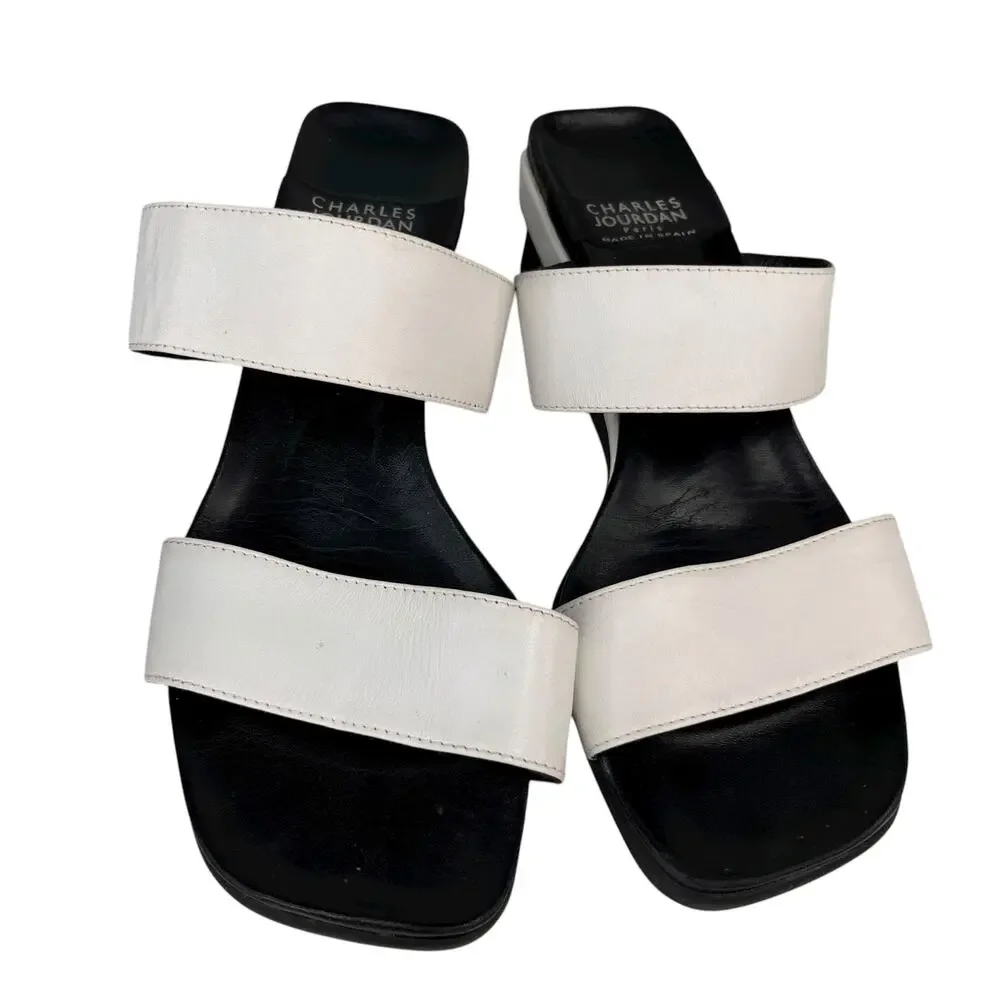 Charles Jourdan Paris Yol Wedge Sandals Black White 8M